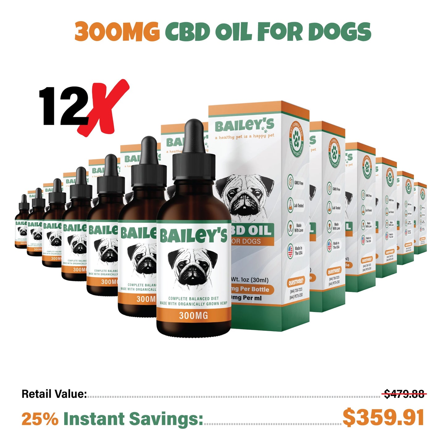 Bailey's CBD Oil For Dogs | 300MG 30ML Standard Size Bottle