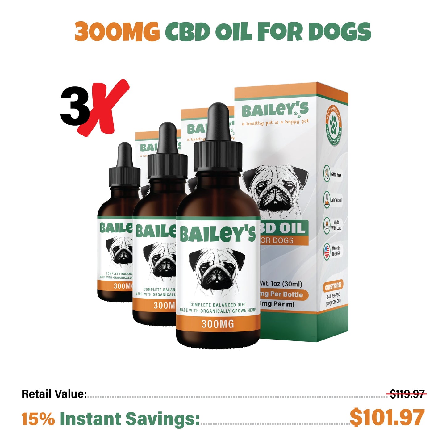 Bailey's CBD Oil For Dogs | 300MG 30ML Standard Size Bottle