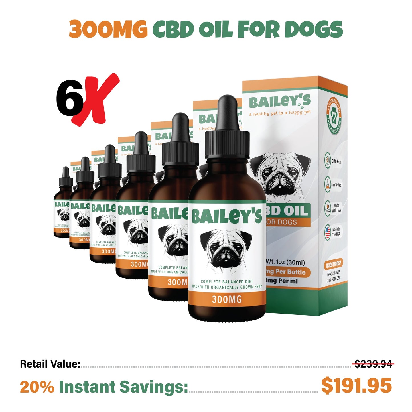 Bailey's CBD Oil For Dogs | 300MG 30ML Standard Size Bottle